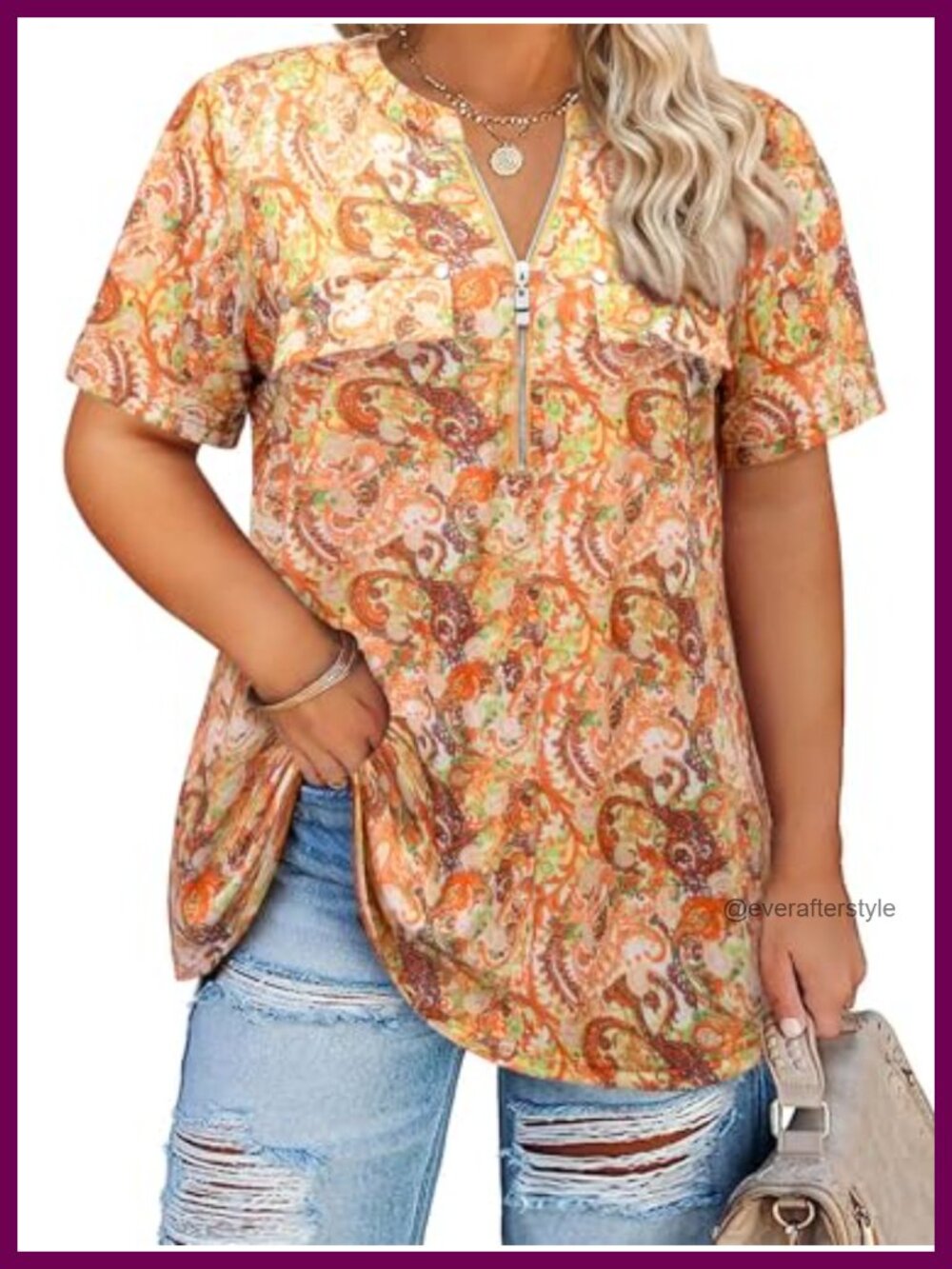 Women's Plus Size Tunic Top 3/4 Sleeve Zip V-Neck Loose Fit Blouse